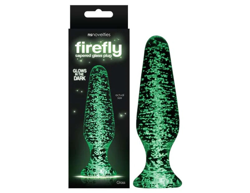 The large tapered Firefly Glow in the Dark Glass Anal Plug next to its packaging.