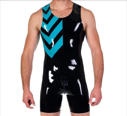 The front of the Latex Surf Suit with blue detail.