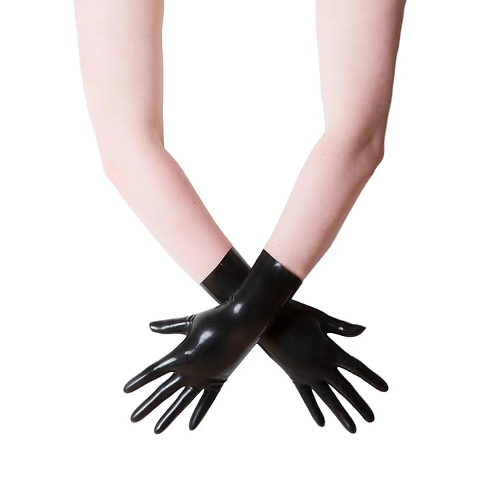 A model's arm and hands wearing the Latex Short Molded Gloves.