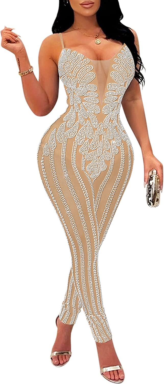 Paisley Rhinestone Embellished Mesh Jumpsuit in pastel beige on model, front view.