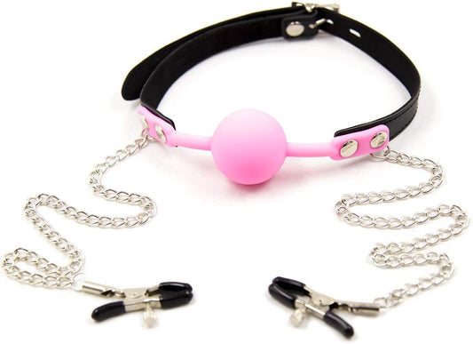 Open Mouth Ball Gag With Nipple Clamps