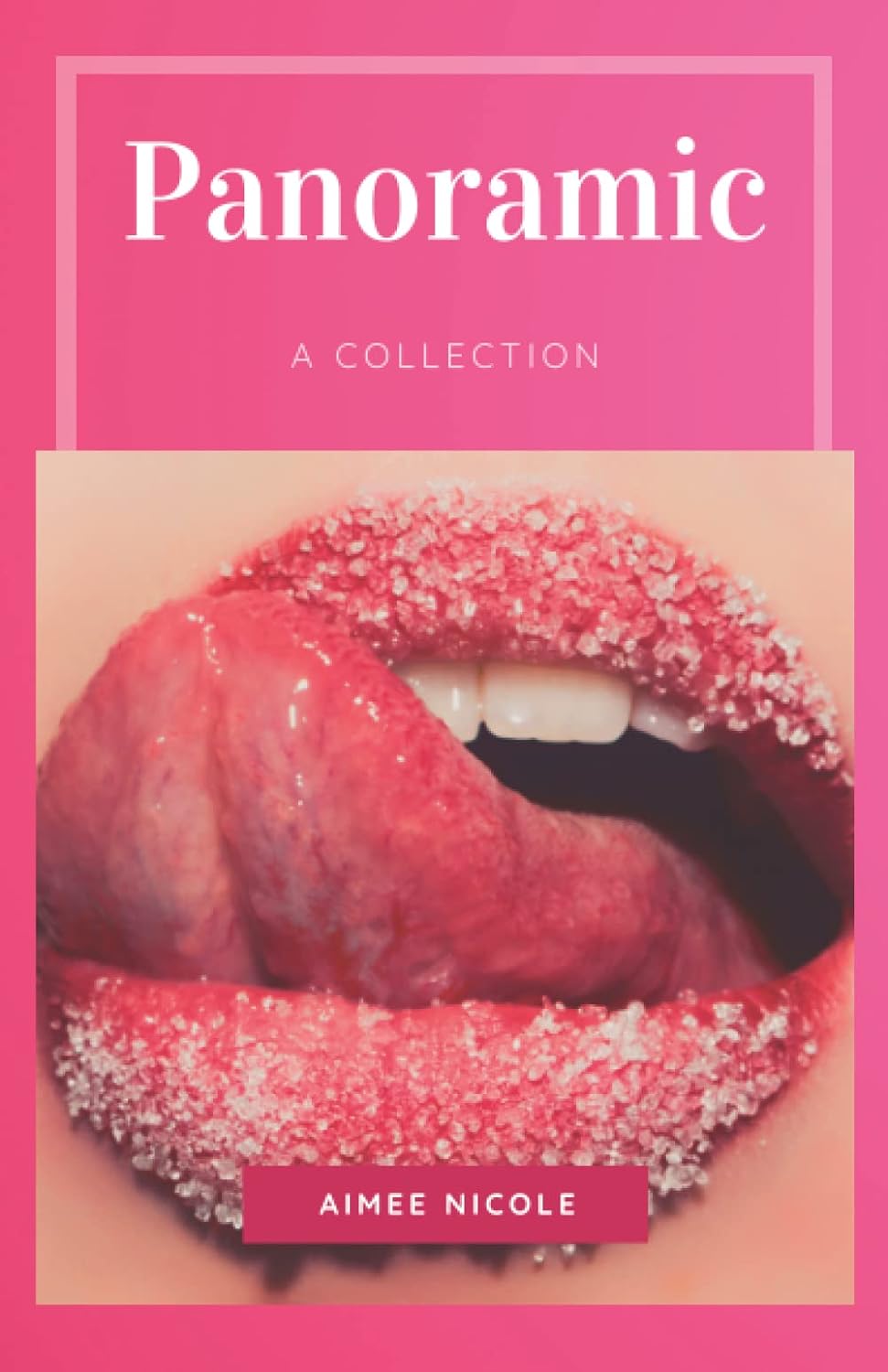 Panroamic poetry collection by Aimee Nicole book cover with image of toungue licking sugar off of lips.