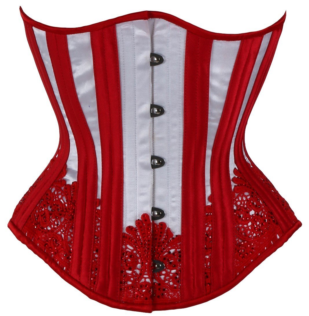 The red and white Cabaret Sparkle Lace Satin Mid-Length Underbust Corset - Hourglass, front view.