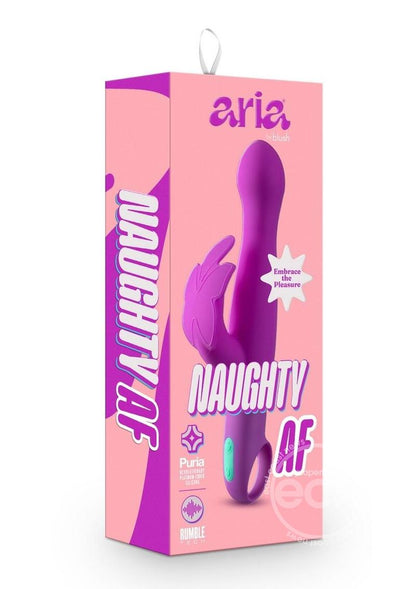 The packaging for the Aria Naughty AF Silicone Vibrator.