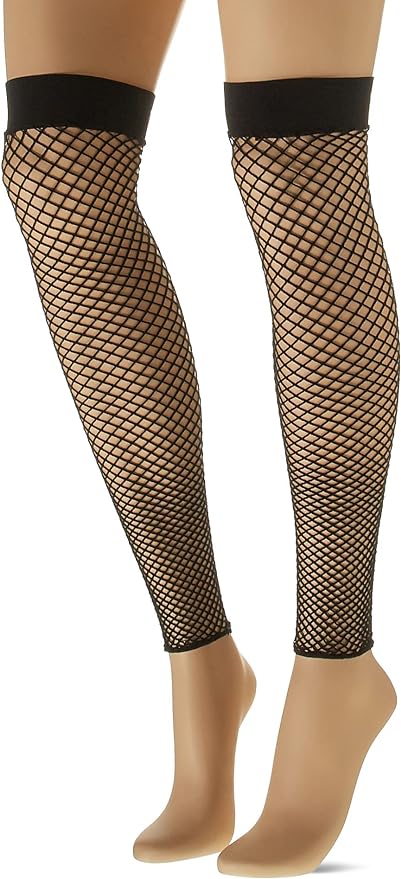 The Industrial Net Footless Thigh Highs on a mannequin's legs, front view.