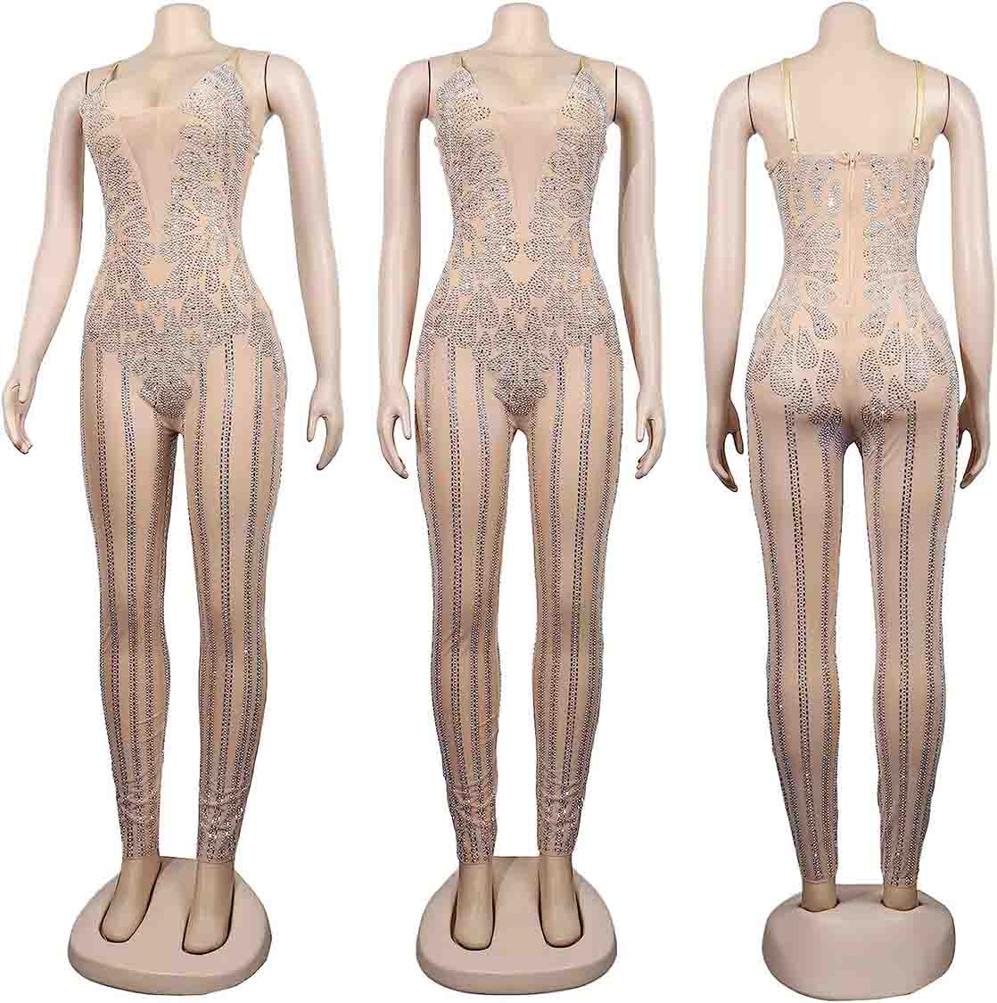 Three views of a mannequin wearing the Paisley Rhinestone Embellished Mesh Jumpsuit, front and back. 