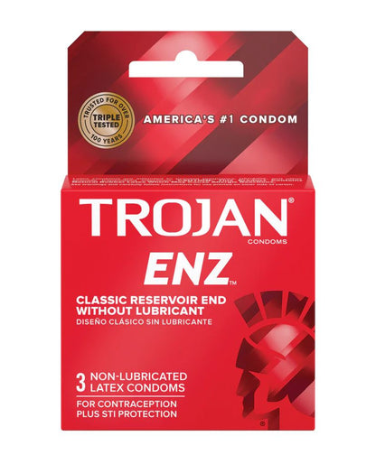 A box of 3 Trojan Enz Non-Lubricated Condoms.