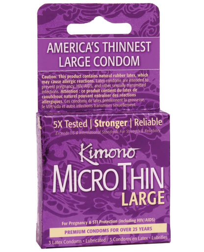 A box of 3 Kimono Micro Thin Large Condoms.