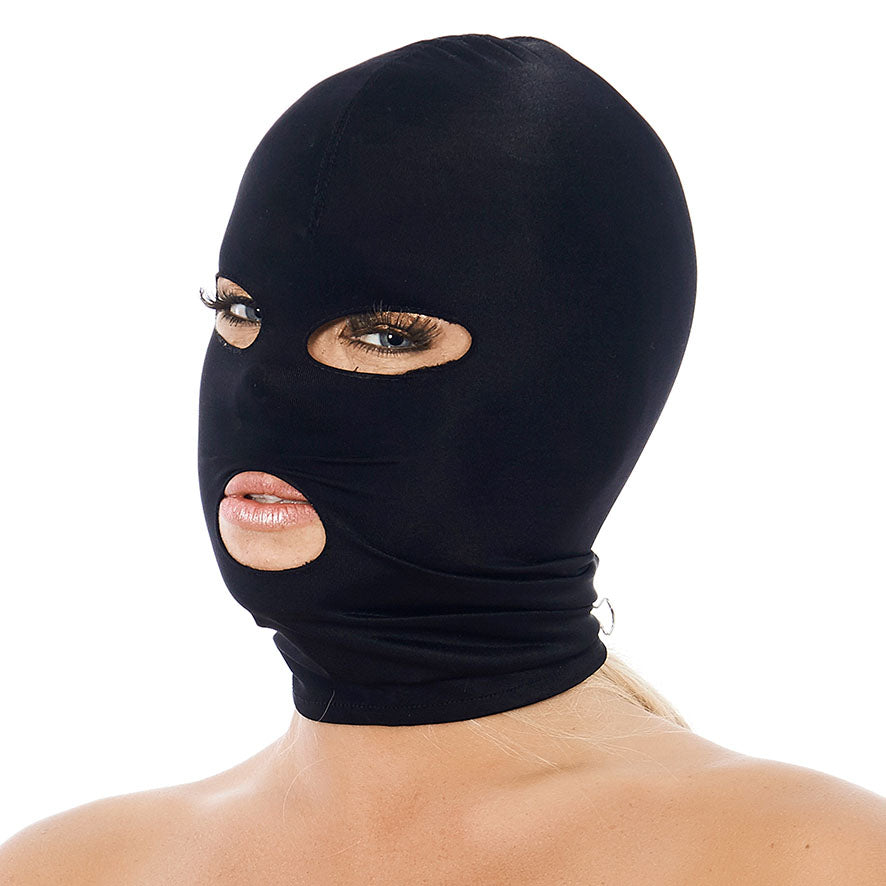 A model wearing the Spandex Hood with Eye and Mouth Holes.