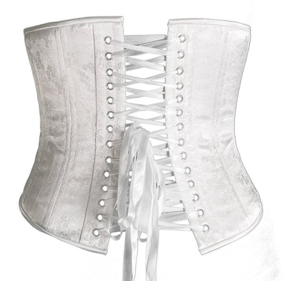 White Cherry Floral Brocade Mid Length Underbust Corset Slim, back view.