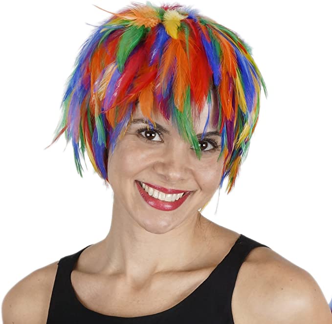 A feminine looking model wearing the Multicolor Hackle Feather Wig.