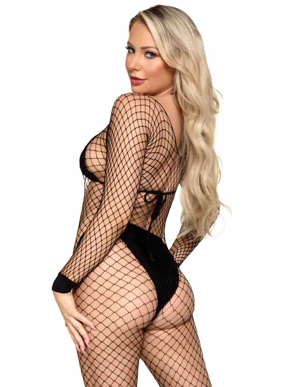 A model wearing the Ls Industrial Net Bodystocking with black bikini, rear view.