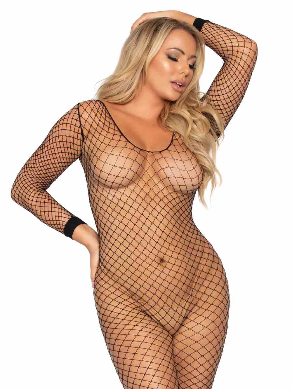 A model wearing the Ls Industrial Net Bodystocking, front view.