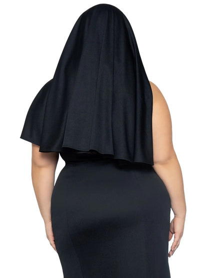 A mid length rear view of a plus size model wearing the 3 pc. Sultry Sinner Nun Costume.