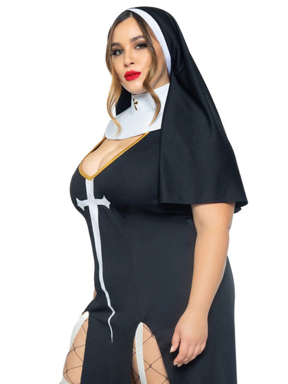 A mid length, side view of a plus size model wearing the 3 pc. Sultry Sinner Nun Costume with fence net stockings.