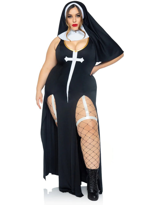 A plus size model wearing the 3 pc. Sultry Sinner Nun Costume with fence net stockings and black boots.