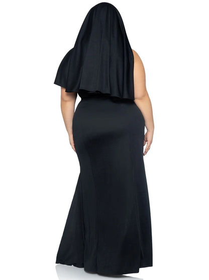 A plus size model wearing the 3 pc. Sultry Sinner Nun Costume, rear view.