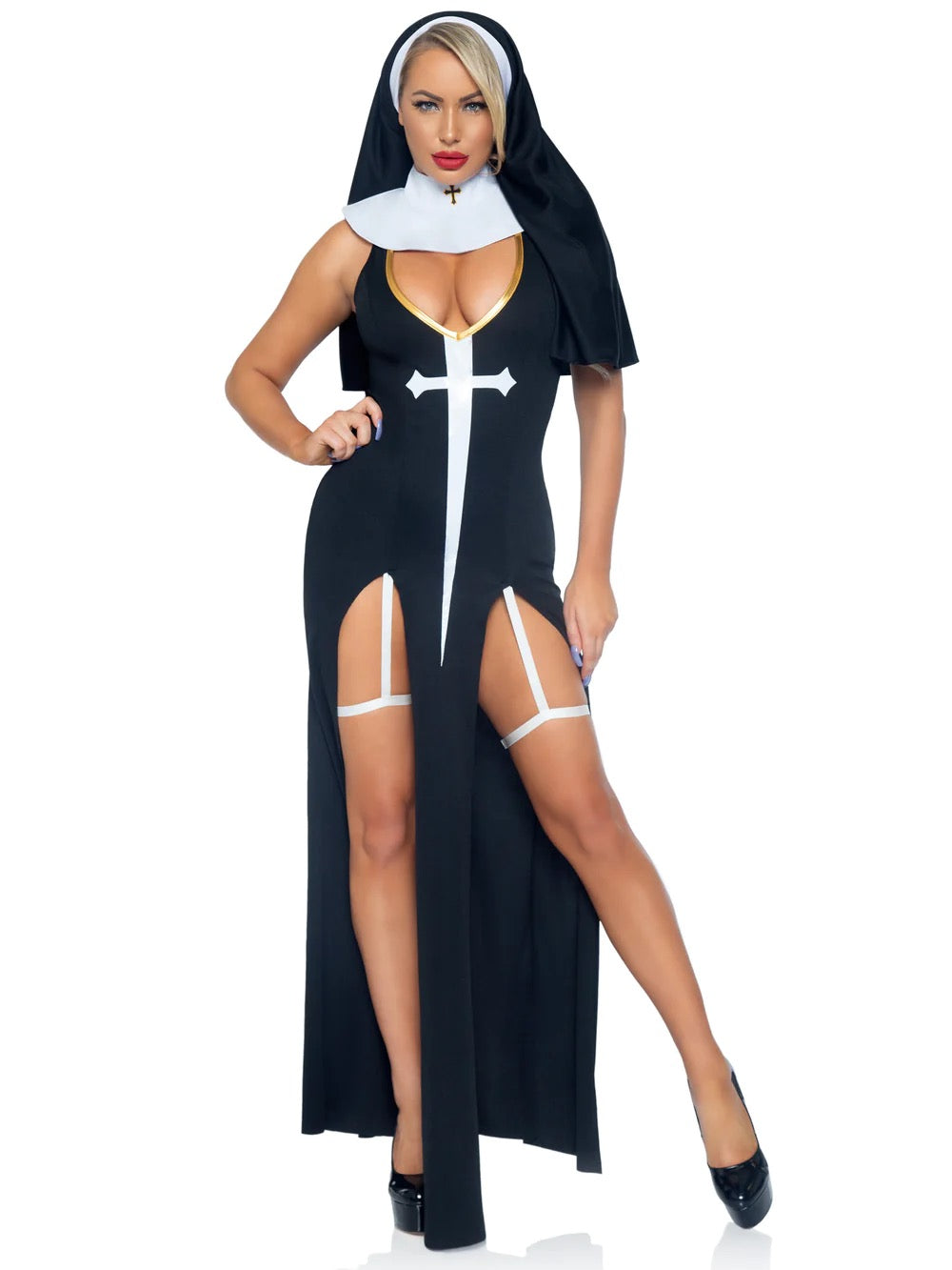 A model wearing the 3 pc. Sultry Sinner Nun Costume with black heels.