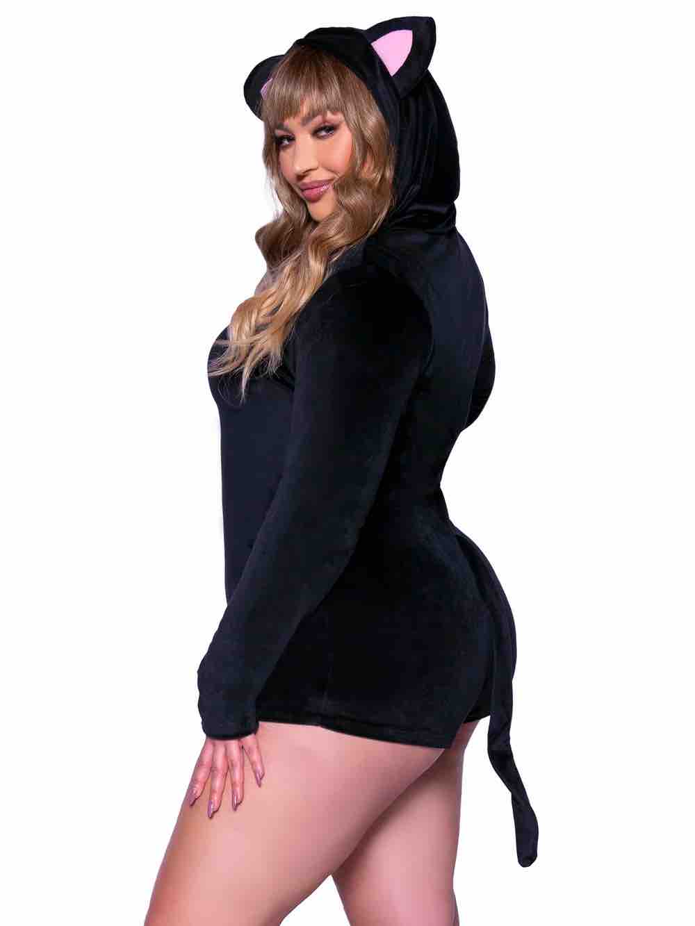 The plus size Comfy Cat Onesie, on a model, side view.