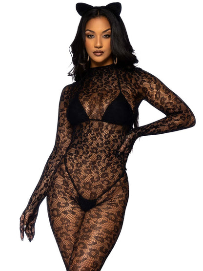 A model wearing cat ears and the Net Leopard Print Gloved Catsuit Bodystocking over a black bikini, front view.