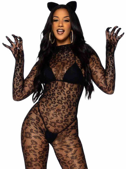 A model wearing cat ears and the Net Leopard Print Gloved Catsuit Bodystocking over a black bikini, front view.