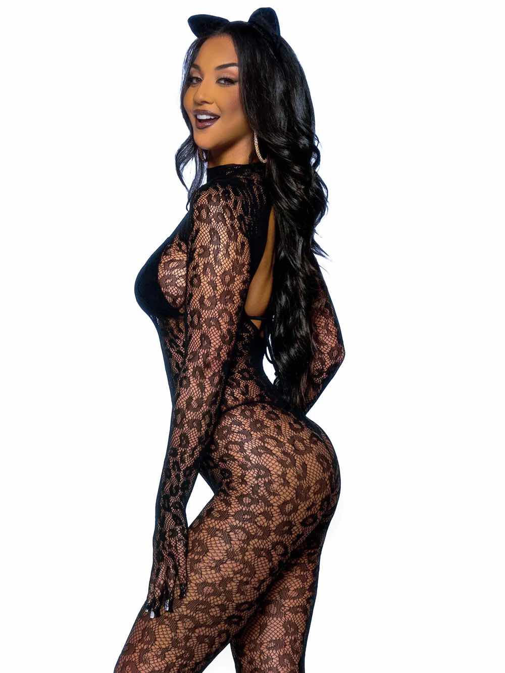 A model wearing cat ears and the Net Leopard Print Gloved Catsuit Bodystocking over a black bikini, left side view.