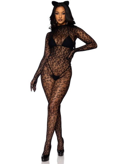 A model wearing cat ears and the Net Leopard Print Gloved Catsuit Bodystocking over a black bikini, full front view.
