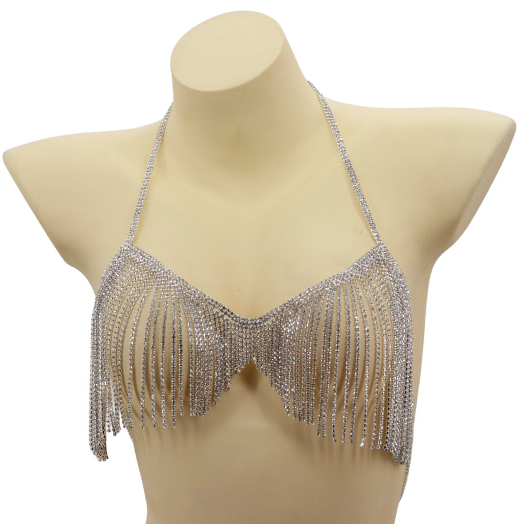 The Rhinestone Fringe Halter Bralette on a mannequin.