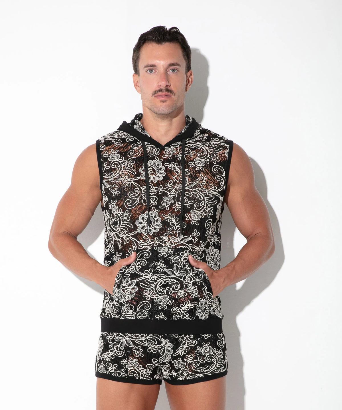 Contrast Corded Lace Sleeveless Hoodie Black
