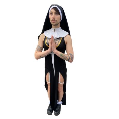 model facing forward , hands in prayer pose wearing 3 pc. Sultry Sinner Nun Costume