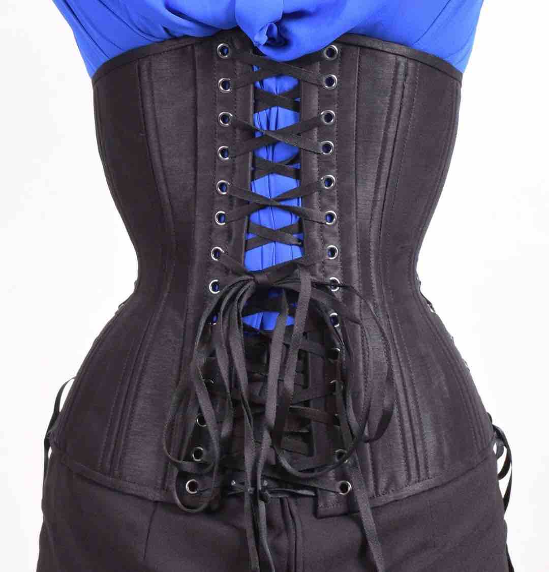 The Black Taffeta Longline Underbust Corset in Hourglass Silhouette, rear view.