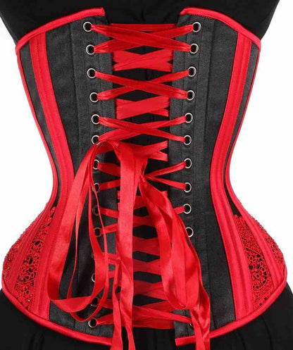 The red and black Cabaret Sparkle Lace Satin Mid-Length Underbust Corset - Hourglass, rear view.