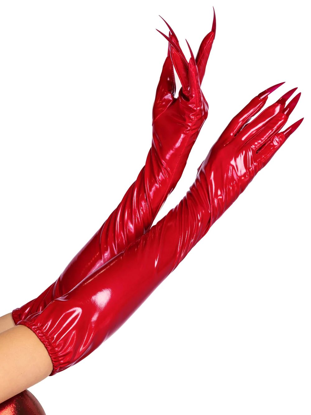 A model's arms wearing the red Long Stretch Vinyl Claw Gloves.