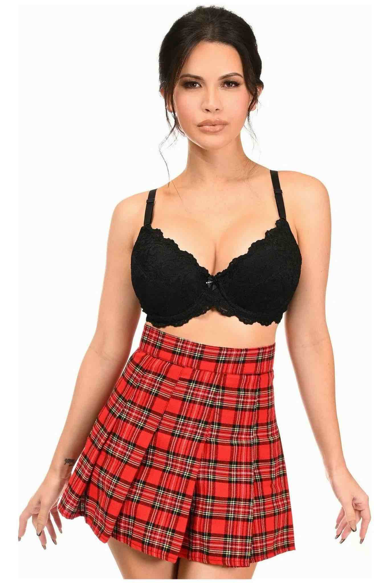 A model wearing a black bra and the Red Plaid Skirt, front view.