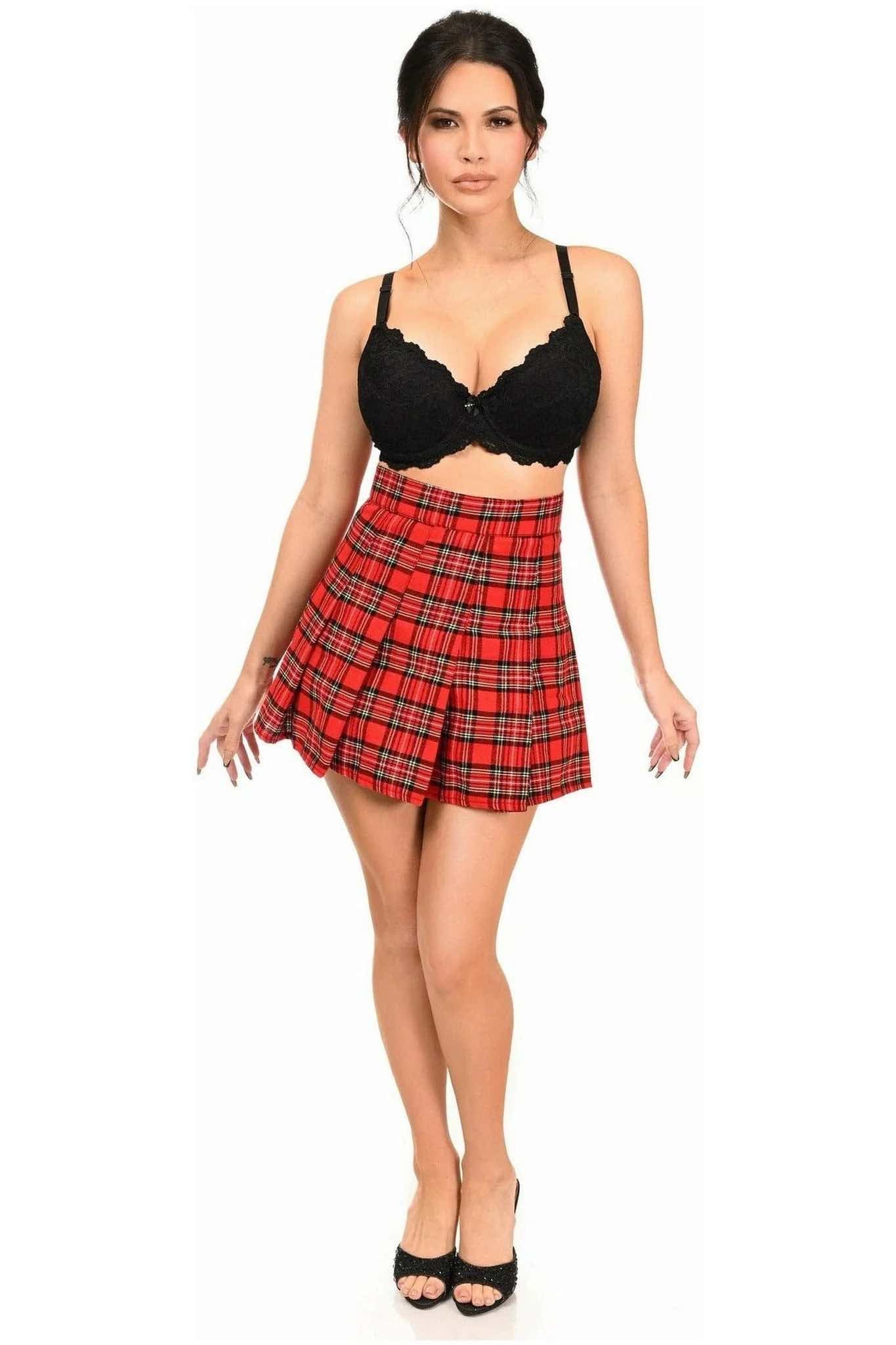 A model wearing a black bra, black heels and the Red Plaid Skirt, front view.