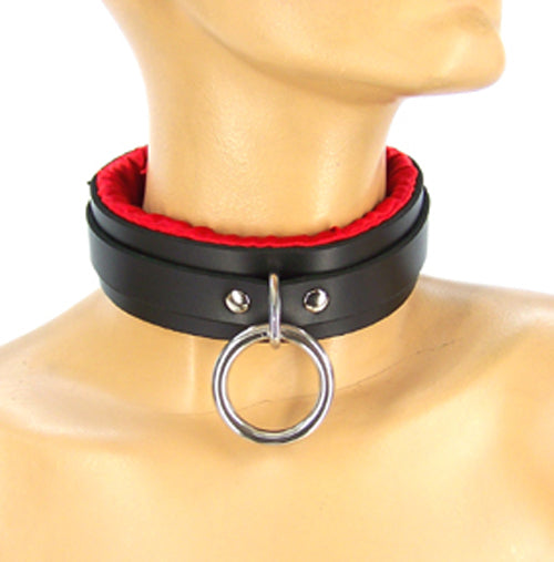 A mannequin displaying the front of the red Satin Lined Bondage Collar.