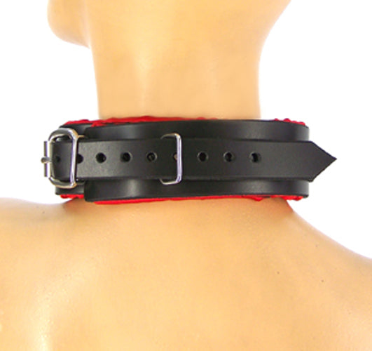 A mannequin displaying the back of the Red Satin Lined Buckling Bondage Collar.