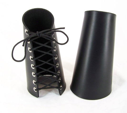 A pair of black leather gauntlets tied up with shoelace.