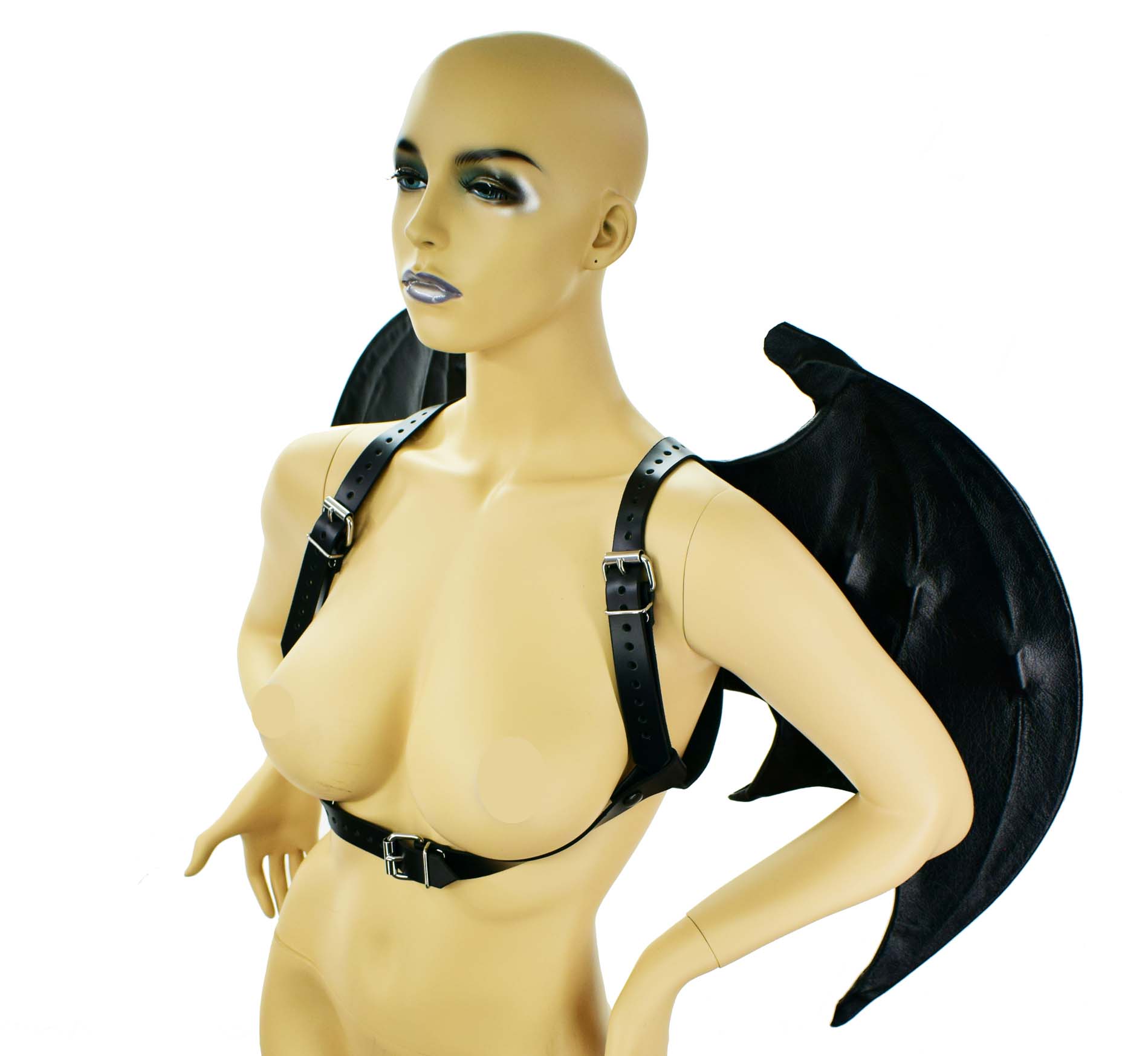 The Leather Bat Wings on a mannequin, front view.