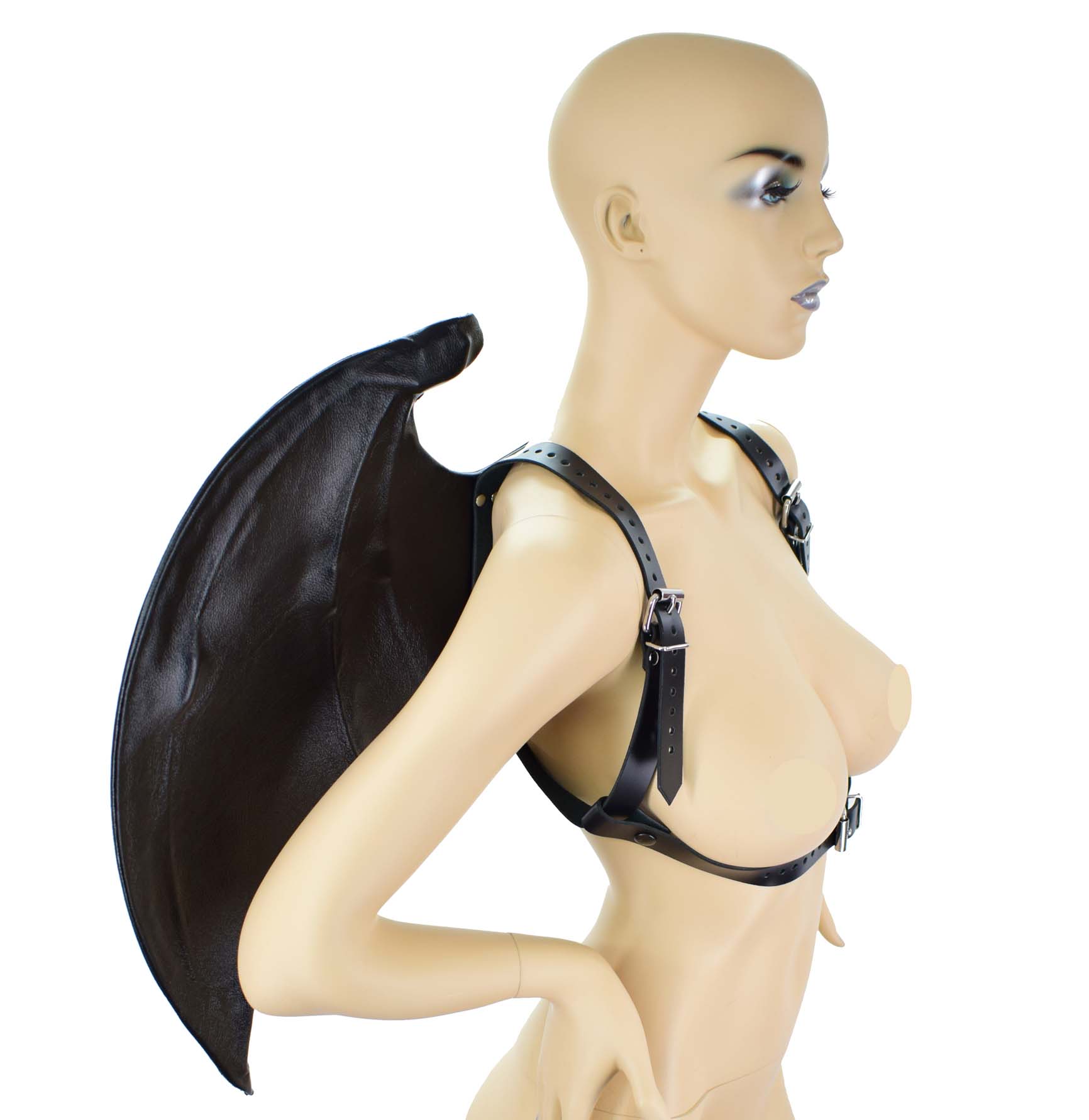 The Leather Bat Wings on a mannequin, side view.