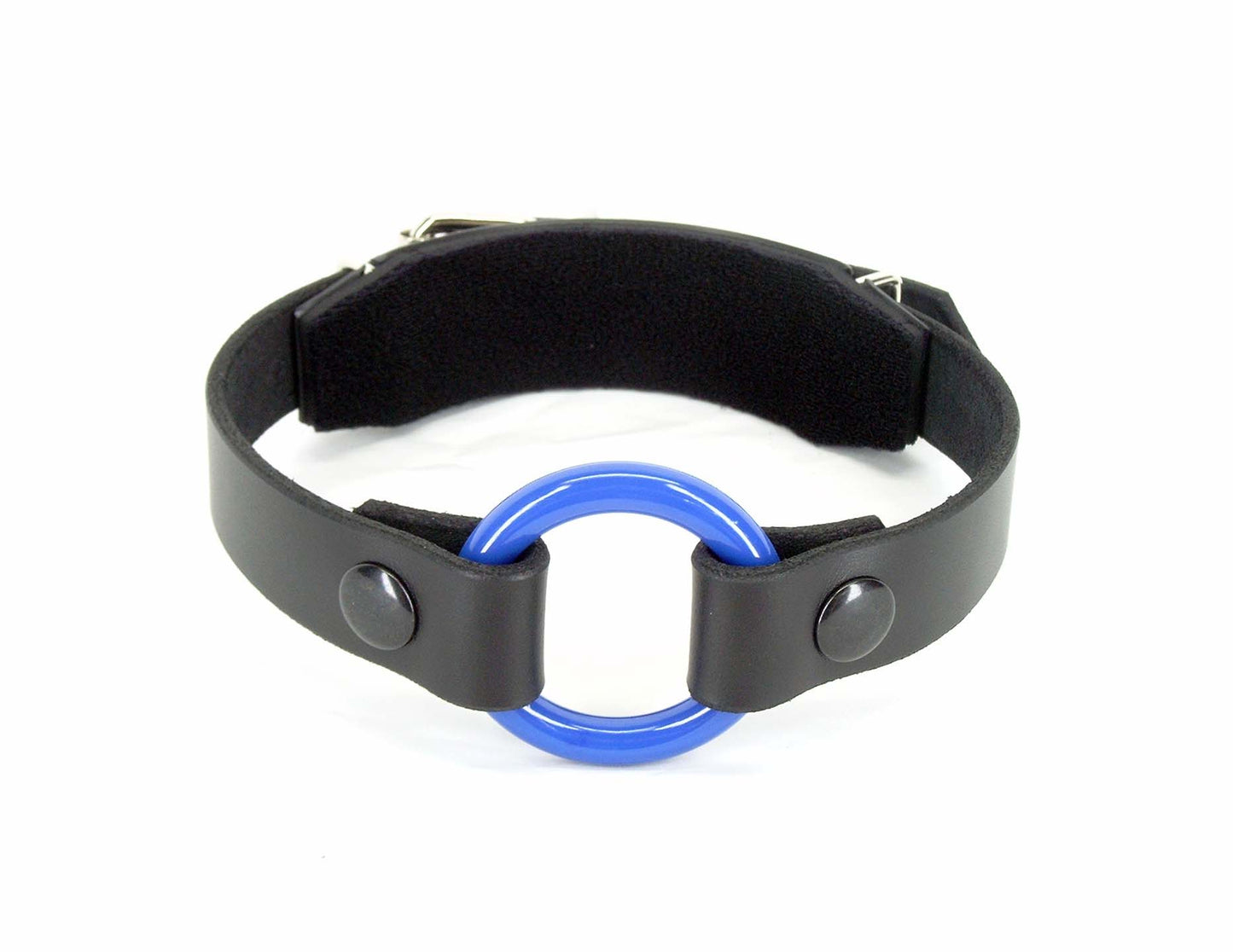 The comfort back O-ring gag with blue dental safe O-ring against white background.