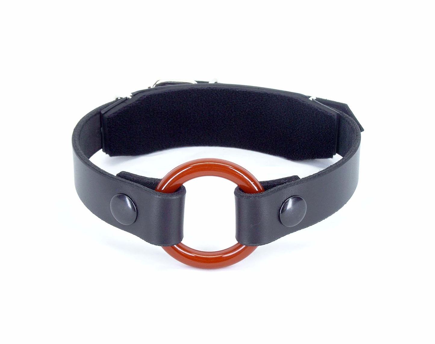 The comfort back O-ring gag with red dental safe O-ring against white background.