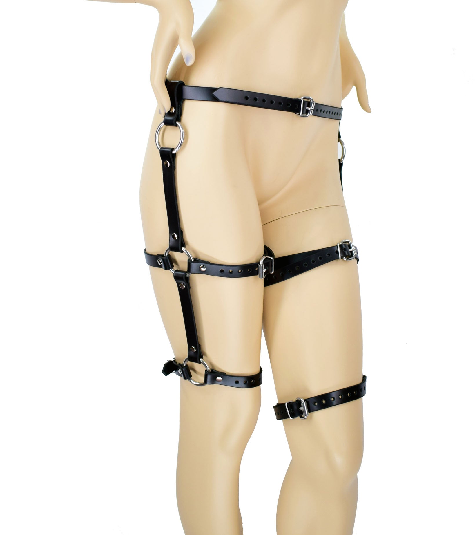 The Leather Garter Double Leg Harness on a mannequin, side view.