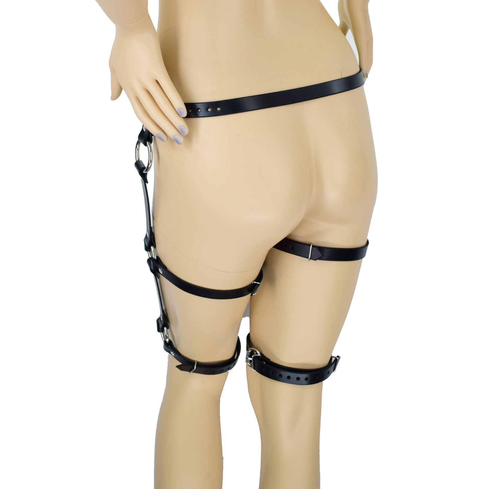The Leather Garter Double Leg Harness on a mannequin, rear view.
