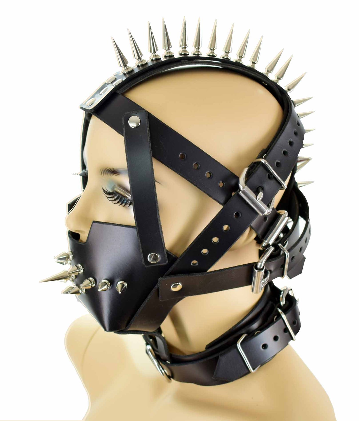The Leather Spike Mane Head Harness on a mannequin, front and left side view.
