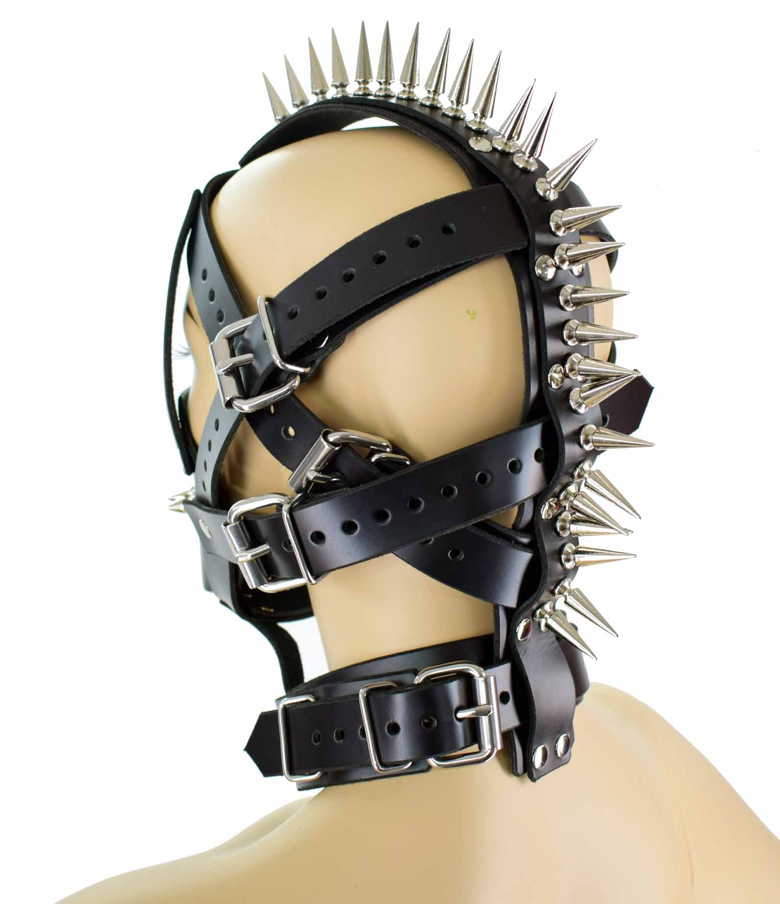The Leather Spike Mane Head Harness on a mannequin, rear and left side view.