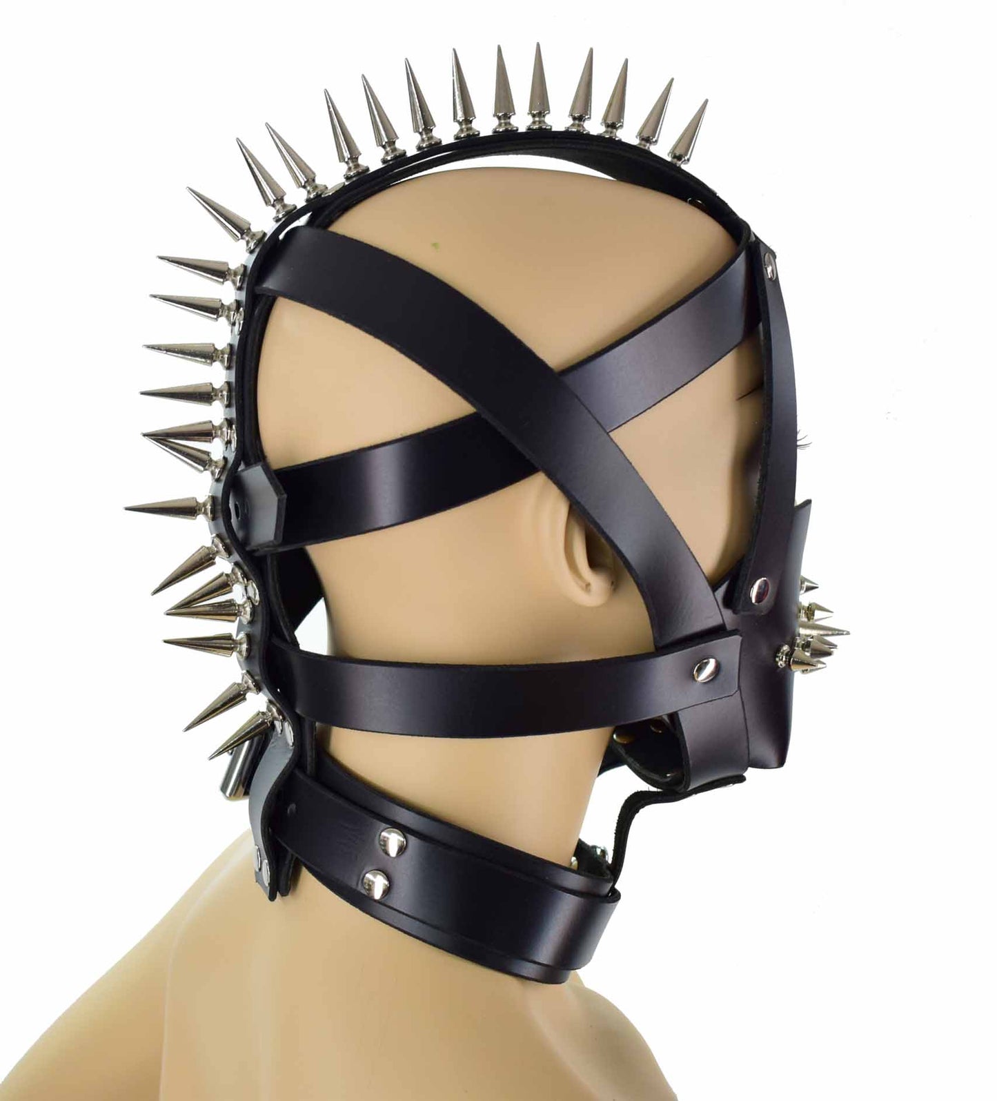The Leather Spike Mane Head Harness on a mannequin, right side view.