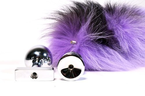plug showing screw, and purple and black real fur tail, showing where to screw in plug