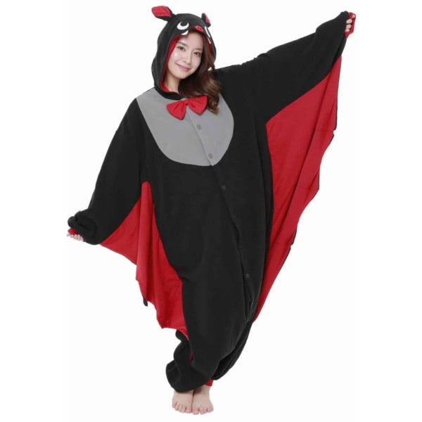 Model wearing bat Kigurumi with arms extended showing red wings.