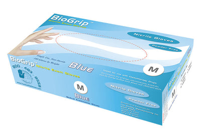 A box of blue Color Nitrile Gloves.